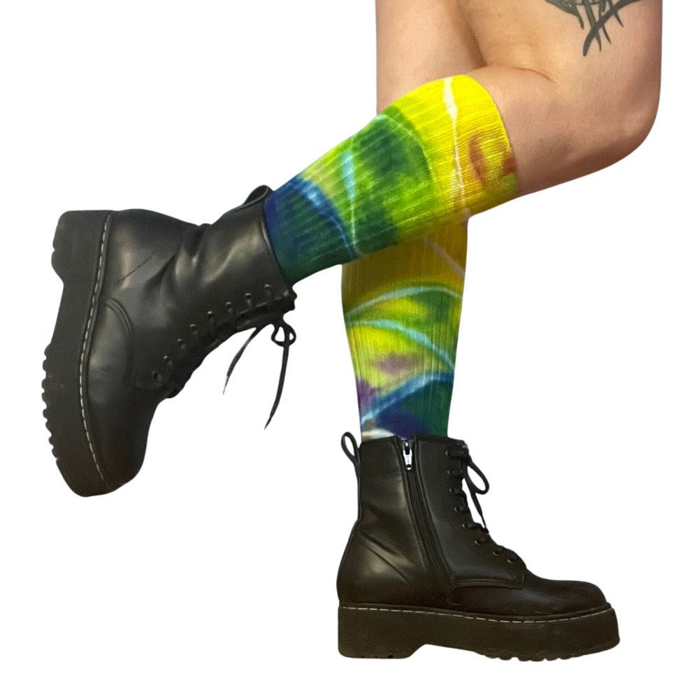 Ice Dyed Bamboo Socks - Tie Dye Stockings - Rainbow Red Yellow Green (One Size)